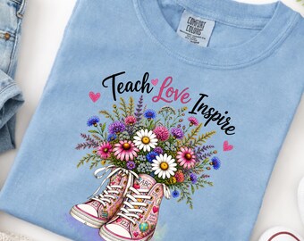 Teach Love Inspire PNG, Teacher Sublimation Design, Wildflower Teacher Shirt, Teacher Sneakers PNG, Teacher Gift Digital Download