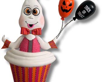 Halloween Cupcake Ghost – Handmade Shelf Sitter, Wreath Attachment, Wall Hanging or Door Hanger | Whimsical Spooky Ghost Decor