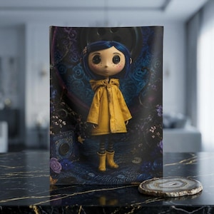 Arazzo da parete per interni ispirato a Coraline, con bambola dai capelli blu e impermeabile giallo / Decorazione inquietante ma carina immagine 1