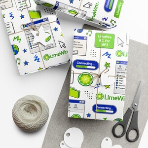 May include: White wrapping paper featuring a repeating pattern of LimeWire software interface elements, including green lime icons, blue connecting progress bars, computer folders, mouse cursors, musical notes, stars, and the text LimeWire #1 for MP3.