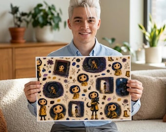 Carta da regalo ispirata a Coraline, gotica, carina, carta da regalo, ragazza con impermeabile da libro di fiabe malinconico, carta da compleanno spettrale e carina, estetica fantasy