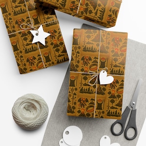 May include: Gift-wrapped presents with brown paper featuring a repeating pattern of fantasy-themed illustrations. Each package is tied with twine and a white tag. A ball of twine, scissors, and blank tags are also visible.