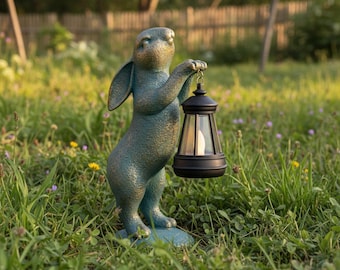 Statua da giardino a forma di coniglio, lanterna a energia solare a forma di coniglio, decorazione in resina a forma di coniglio, simpatica decorazione da giardino a forma di animale per spazi esterni, regalo perfetto per illuminare il giardino.