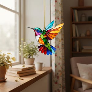Vitrail colibri attrape-soleil - carillons éoliens ou attrape-soleil oiseau arc-en-ciel - cadeau déco suspendu pour elle et les amateurs d'oiseaux