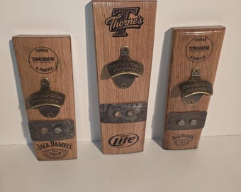 Custom engraved Bourbon barrel stave bottle openers.