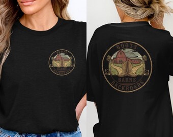 T-shirt Rustic Barns Backroads, cowboylaarzen, vintage landelijke stijl