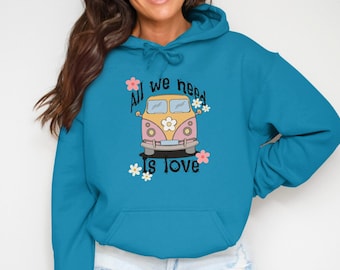 Retro bushoodie, sweatshirt met vredesteken, Flower Power-kleding uit de jaren 70