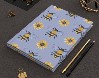 Hardcover dagboek bij en zonnebloem | Notitieboek met lavendelbloemen