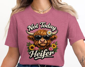 T-shirt Not Today Heifer, pittige Highland Cow, T-shirt met zonnebril en bloemenprint