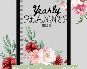 Jaarplanner 2026 pdf aquarel roos bloemen maandkalender afdrukbaar digitaal | Direct downloaden
