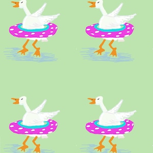 May include: Four cartoon geese wearing pink and white polka-dot inner tubes, with orange beaks and feet, stand against a light green background. The geese are white with their wings spread. The image has a playful, summery vibe.