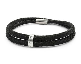 Engraved Braided Leather Bracelet with Bead Accent | Personalized Leather jewelry