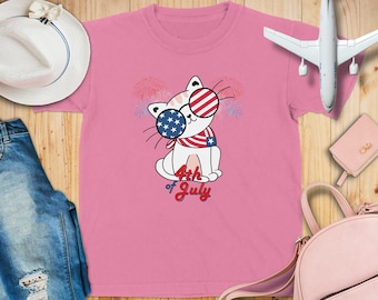 Maglietta patriottica con gatto per il 4 luglio, maglietta con gattino e bandiera americana, regalo per il Giorno dell'Indipendenza, maglietta estiva con fuochi d'artificio USA per gli amanti dei gatti