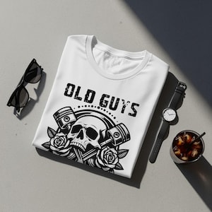 Old Guys Vintage Garage T-Shirt, Skull Pistons Roses Graphic Top
