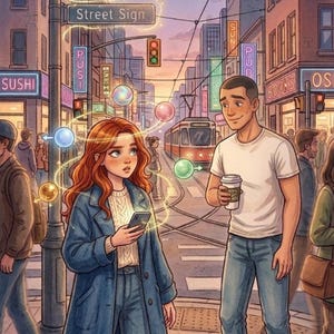 May include: Digital illustration of a city street scene with a woman looking at her phone, surrounded by glowing orbs. A man with a coffee cup smiles at her. Buildings, a streetcar, and a street sign that says "Street Sign" are in the background.