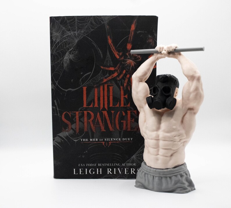 May include: A book titled Little Stranger by Leigh Rivers with a black cover featuring a red spider and web design, positioned next to a light-skinned muscular torso figurine wearing a black gas mask and grey shorts, lifting a grey barbell.
