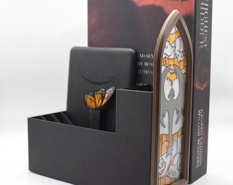 Gothic Stained Glass Window Book Nook – Mountain Silhouette, Hidden Storage Shelf Insert