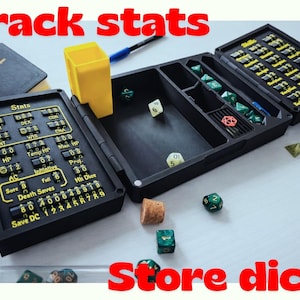 DnD Player Kit Box, Accessory for Epic Gaming Sessions, Custom Stats and Skill Tracker Dice Tray