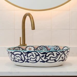 Lavabo ovalado de cerámica marroquí hecho a mano, lavabo de baño multicolor pintado a mano, lavabo artístico, decoración de lujo bohemia