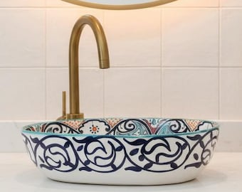 Handmade Moroccan Oval Ceramic Vessel Sink, Multicolor Hand Painted Bathroom Vessel Sink, Artistic Basin, Boho Luxury Decor