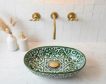 Lavabo ovalado de cerámica hecho a mano, lavabo marroquí verde, lavabo de baño pintado a mano, decoración de lavabo artesanal