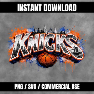 May include: A digital graphic featuring the word "Knicks" in bold, 3D lettering with a cityscape design. The design incorporates orange, blue, and black colors, with a basketball at the bottom. The background is a gray gradient.