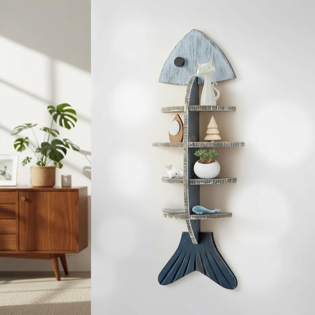 Wooden Fish Wall Shelf 26.5 Inch Coastal Floating Display Rack Nautical ...