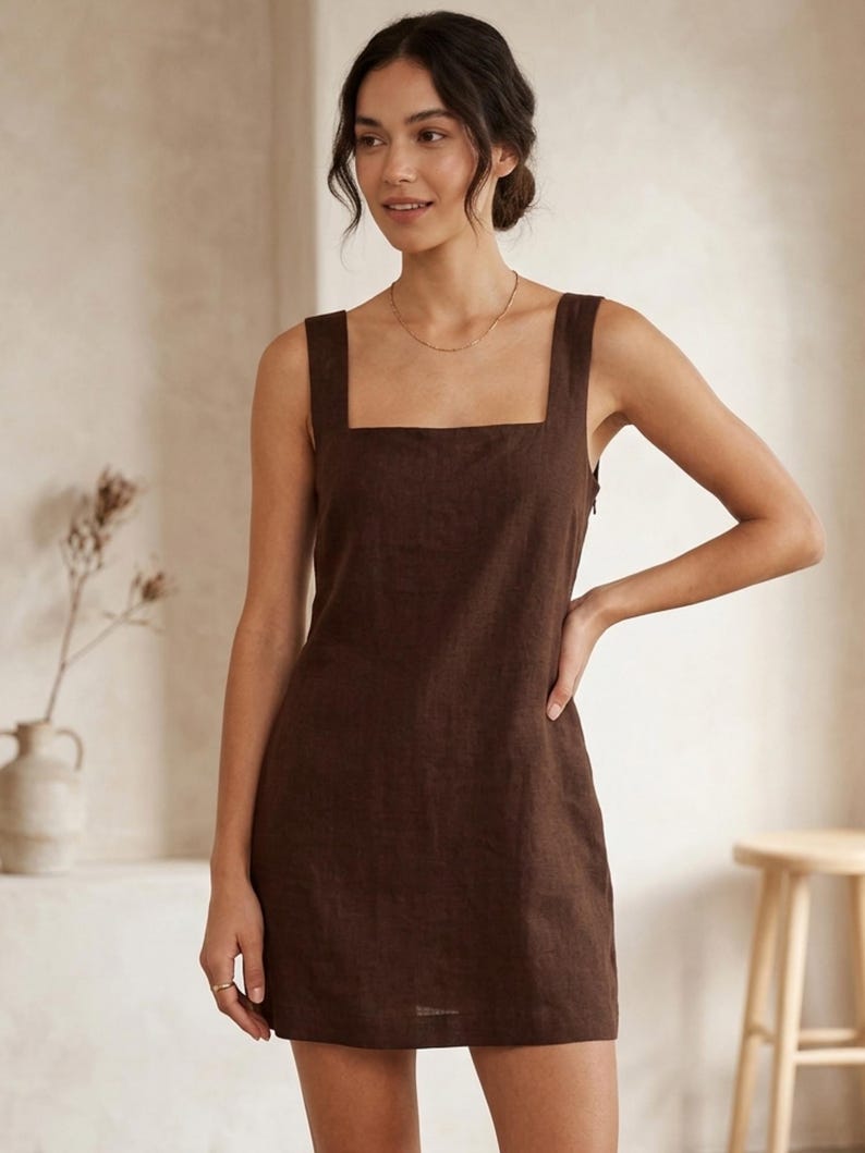 May include: A brown linen dress with a square neckline and wide straps. The dress is knee-length and has a simple, classic design. The model is wearing a gold necklace. The dress is a solid color and appears to be made of a lightweight fabric.