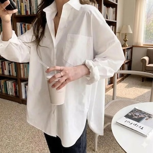 Elegante weiße Baumwollbluse für Frauen - Langarm-Bürohemd, lässige, schicke Bluse mit Knöpfen und Umlegekragen