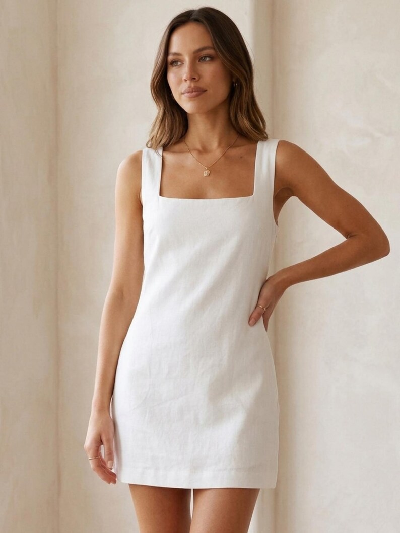 May include: A white sleeveless dress with a square neckline. The dress is knee-length and appears to be made of a linen or cotton fabric. A gold necklace is visible. The model is standing in front of a neutral-colored wall.