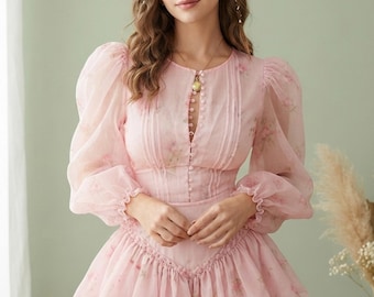 Floral Puff Sleeve Mini Dress for Women Cinched Waist Fairy Dress Printed Party Dress Romantic Date Night Outfit
