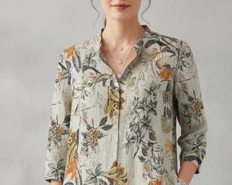 Bohemian Summer Floral Top, Vintage Cotton Oversized Blouse, Casual V Neck 3/4 Sleeve Work Shirt