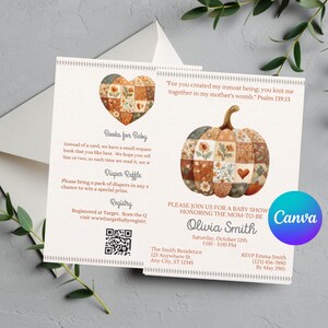 May include: A baby shower invitation card featuring a patchwork pumpkin and heart illustration with floral patterns. The text includes event details for Olivia Smith, a Bible verse, a QR code, and requests for books and diapers on a cream background.
