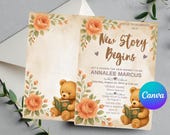 Vintage Pink Floral Bear Book Baby Shower Invitation, Editable Canva Template