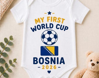 Body niemowlęce My First World Cup 2026 Bośnia | Strój niemowlęcy Bośnia | Piłkarski kombinezon niemowlęcy | Bośniackie ubranka dla niemowląt | Prezent na baby shower