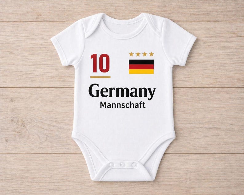 May include: White baby bodysuit with the number 10 in red, the word "Germany" in black, and the word "Mannschaft" below it. The German flag and four gold stars are printed on the upper right. The bodysuit has snap closures.