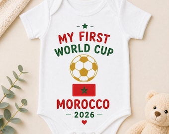 Babyromper My First World Cup Morocco 2026, Marruecos Bebé Mundial 2026, babyoutfit voetbal, babycadeau Marokko, voetbalbaby المغرب