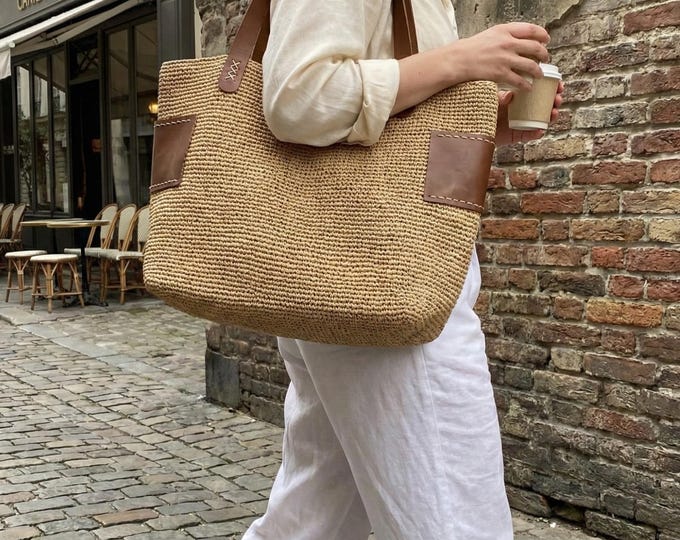 Featured listing image: Handmade Paper Straw Tote Bag, Leather Straps, Crochet Shopper