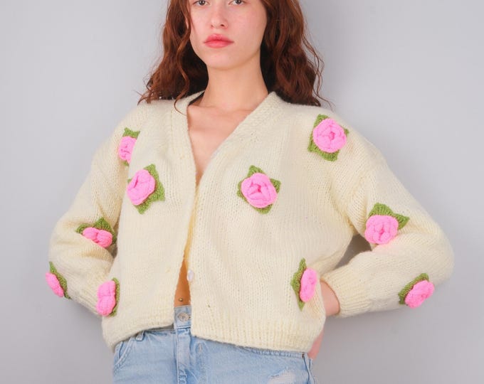 Featured listing image: Cream Knit Cardigan, 3D Pink Roses, Handmade Button Down Jacket, Coquette Style