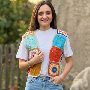 Granny Square Vest, Colorful Crochet Patchwork Waistcoat, Boho Festival Hippie Clothing, Oversize Cardigan