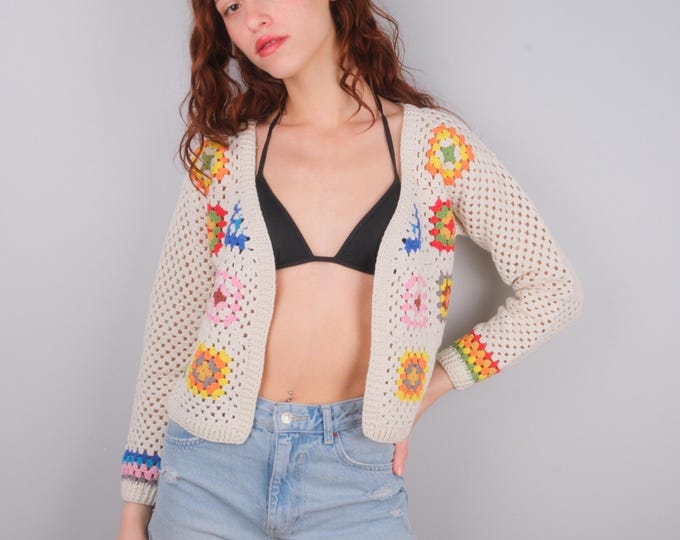 Featured listing image: Handmade Granny Square Cardigan, Boho Crochet Jacket, Cotton Open Front Sweater, Festival Knitwear
