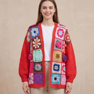Cárdigan cuadrado de la abuela, chaqueta de flores 3D, suéter de patchwork de ganchillo, prenda de abrigo boho retro, tejido colorido