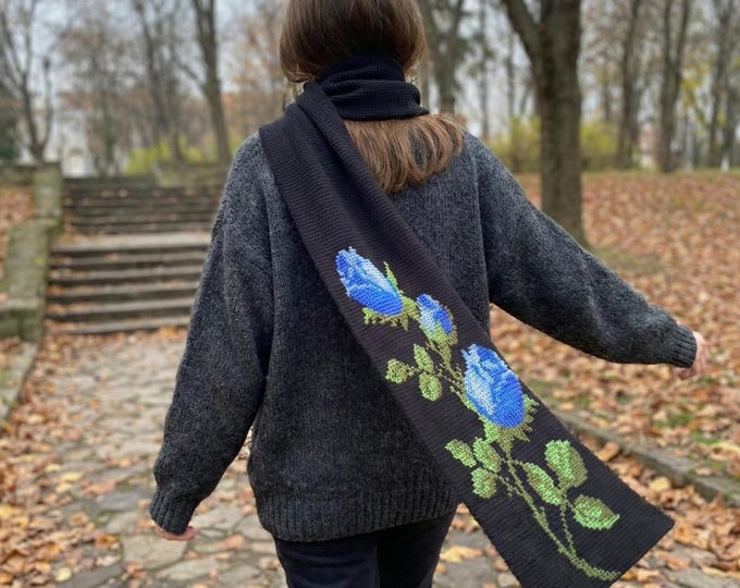 Featured listing image: Handmade Tunisian Crochet Scarf – Blue Rose Floral Shawl – Boho Winter Gift