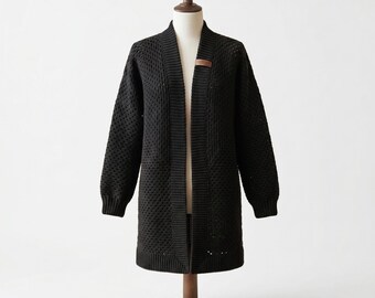 Zwart gehaakt vest, gebreide bamboejas, lange trui met open voorkant, boho winterbovenkleding