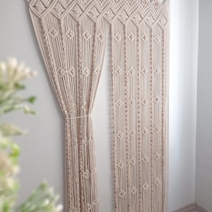 Customizable Boho Macrame Curtain, Cotton Yarn Room Divider, Bohemian Window Decor, Large Wall Hanging, Macrame Door Curtain with Wood Beads