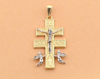 Unique Caravaca Cross Pendant with Double Bars and Angel Detailing Stylish Religious Jewelry Charm 24.3x43.5mm