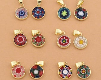 Delightful Millefiori Glass Pendant Necklace Featuring Vibrant Miniature Flowers And 18K Gold Filled Bail Perfect For Charm Bracelets 12mm