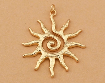 Vintage Sun Pendant Celestial Charm Hammered Spiral Necklace Pendant for DIY Jewelry Making 34x40mm