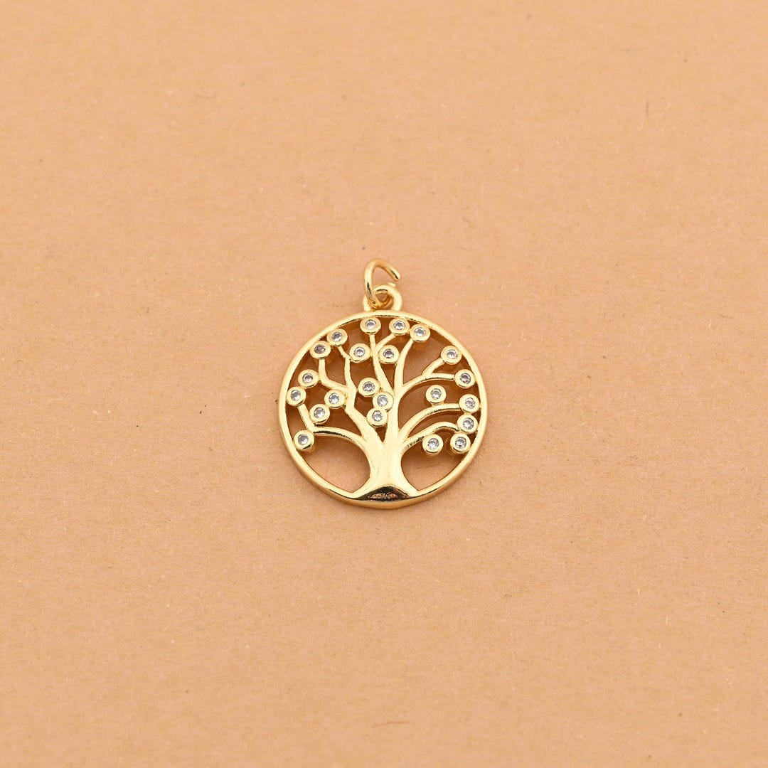 Minimalist Round Tree of Life Pendant With Crystal Inlay 18K Gold ...