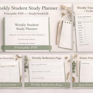Puede incluir: Un conjunto de planificadores de estudio para estudiantes en PDF imprimibles. El planificador principal muestra "Weekly Student Study Planner" y "Organise Your Week, Study With Calm Focus." Incluye un horario semanal, una descripción general diaria, una página de reflexión y notas adicionales.
